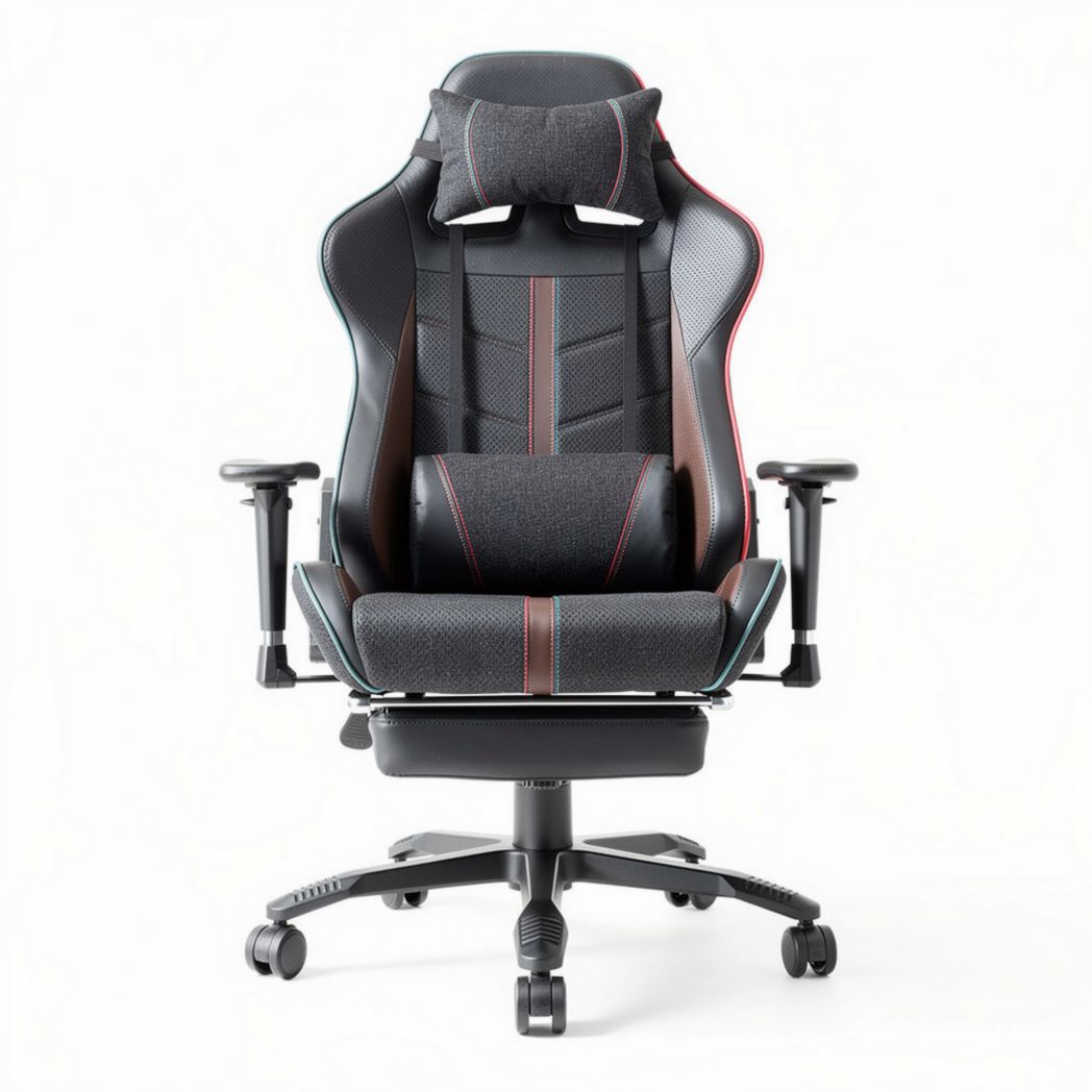 Ergonomic gaming chair with adjustable headrest and lumbar support in black and red