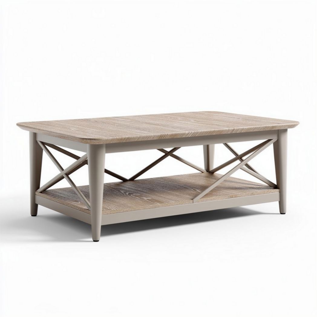 Wooden coffee table with lower shelf and crossbar design in beige 120 x 60 x 45cm