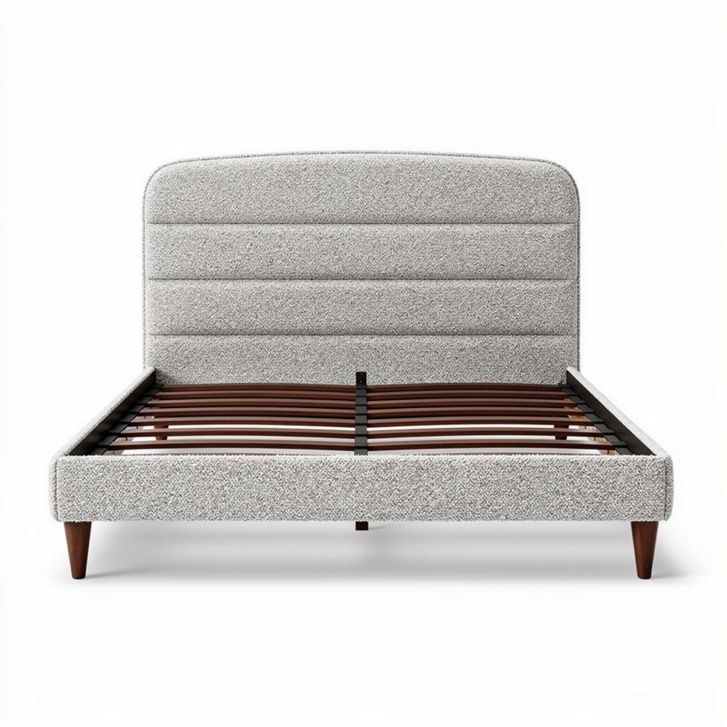 Upholstered bed frame with wooden slats and modern design in gray 204 x 160 x 90cm