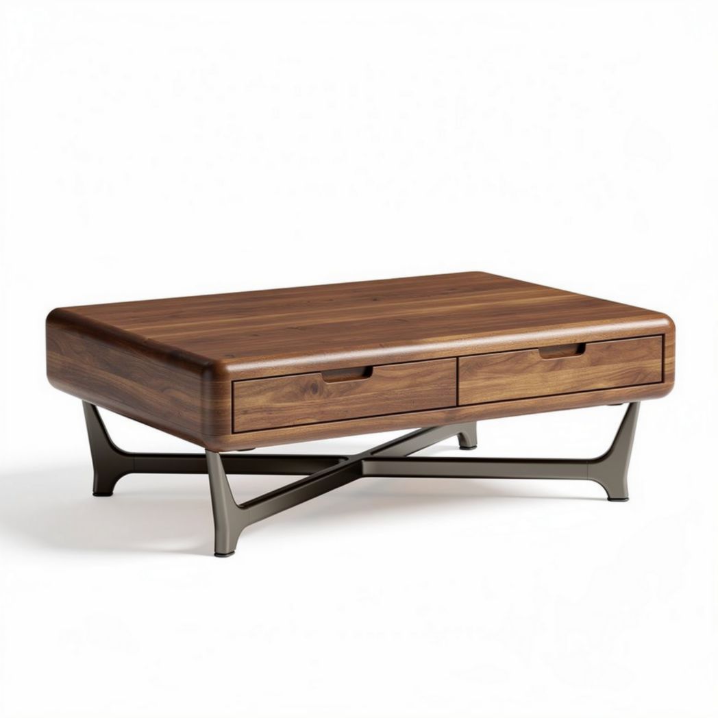 Walnut coffee table with storage drawers and metal legs 120 x 80 x 45cm