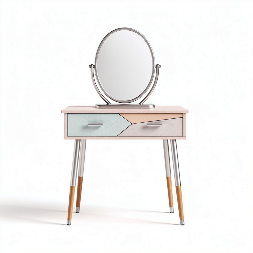 Vanity table with round mirror and two drawers in light colors 80 x 40 x 75cm