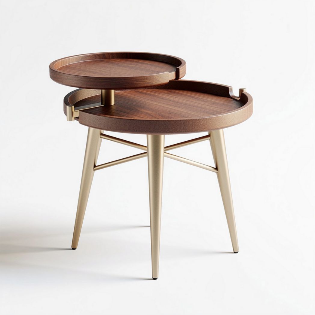 Wooden tray side table with adjustable height and gold metal legs 60 x 60 x 50cm