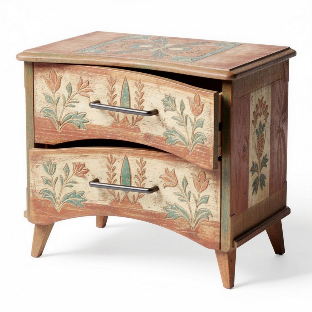 Handcrafted wooden nightstand with two drawers and floral design 50 x 40 x 30cm