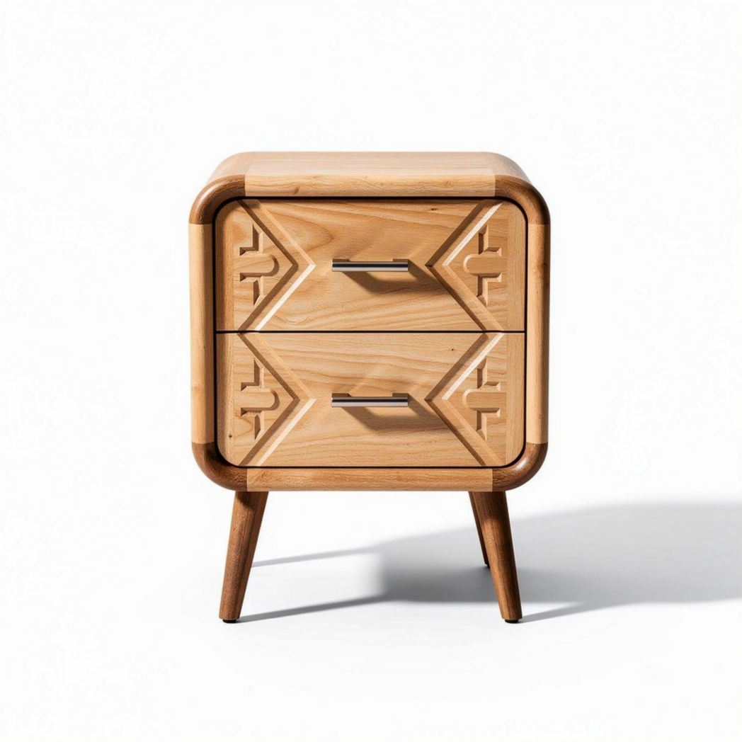Natural wood nightstand with two drawers and decorative carvings 50 x 40 x 60cm