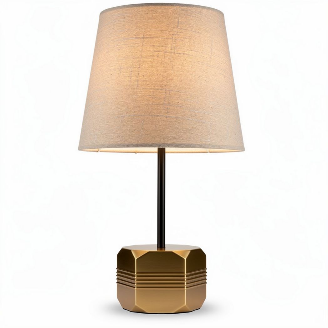 Table lamp with linen shade and geometric metal base in gold 20 x 20 x 40cm