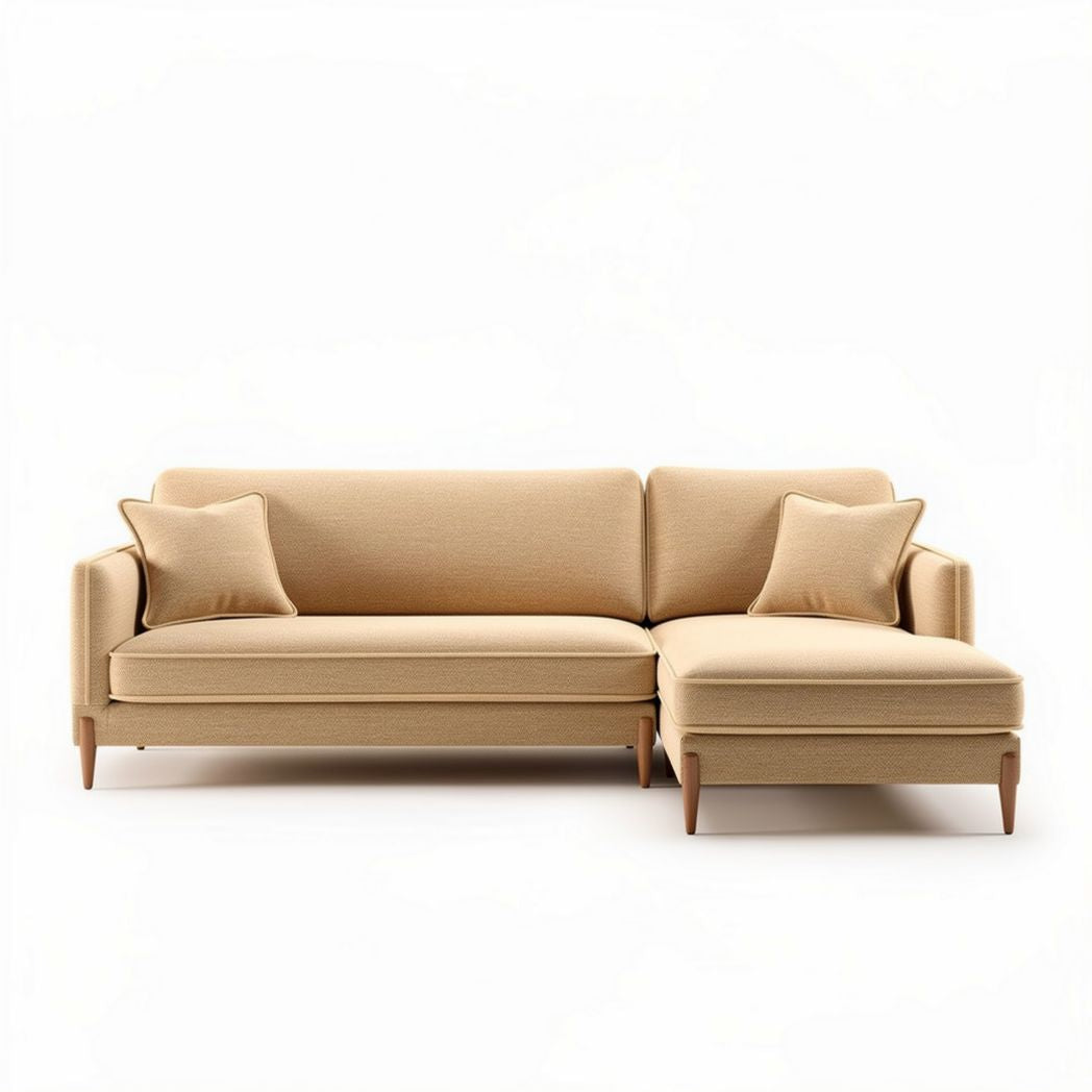 L-shaped sectional sofa in beige fabric with wooden legs 200 x 90 x 85cm