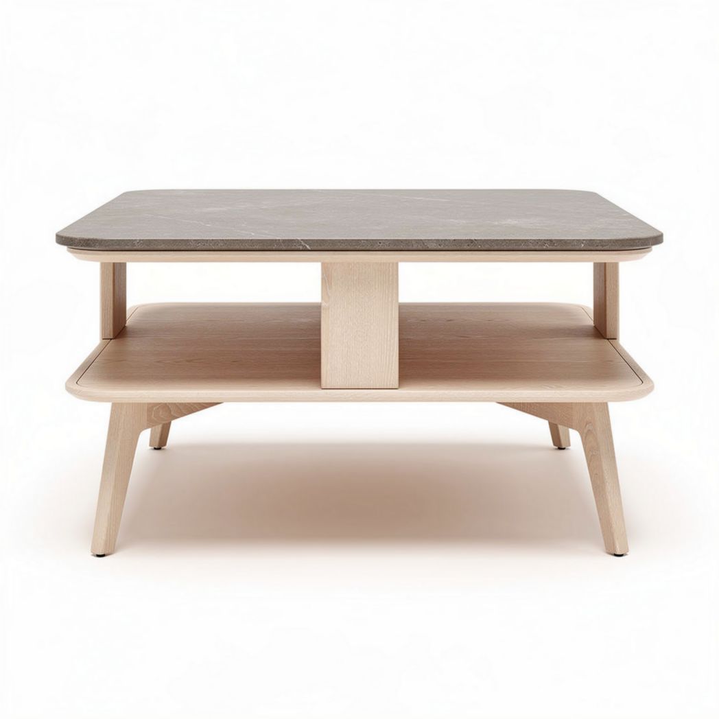 Wooden coffee table with stone top and lower shelf 120 x 75 x 40cm